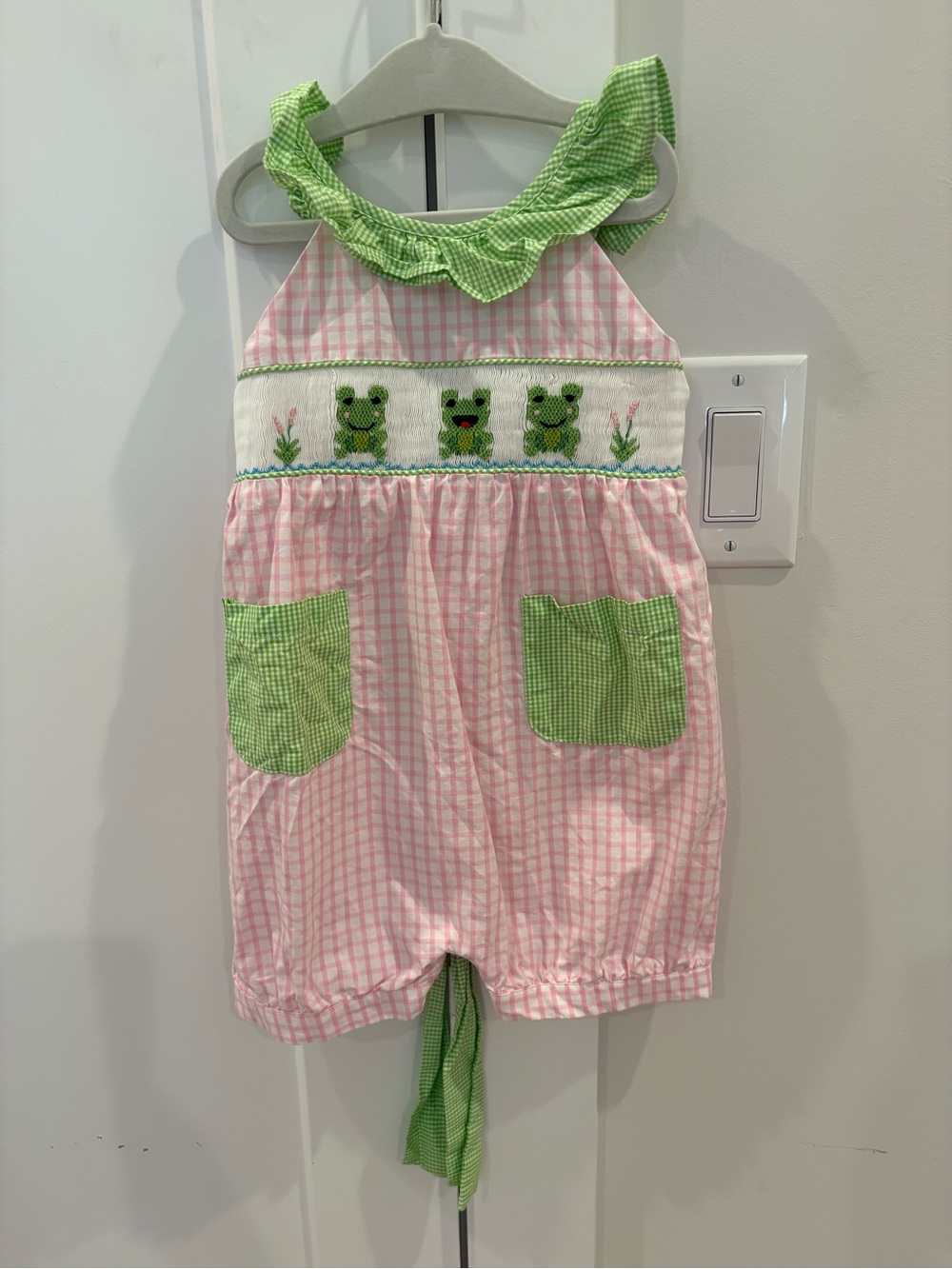 Pink Gingham Frog Smocked Romper with Green Accents